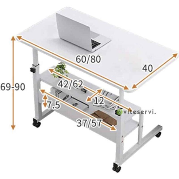 Table de lit roulante pour ordinateur portable, avec 2 casiers de taille;60x40x(69-90) cm)