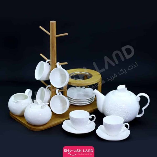 Ensemble théière, tasses de thé et café plus soucoupes en céramiques de haute qualité avec supports en bois