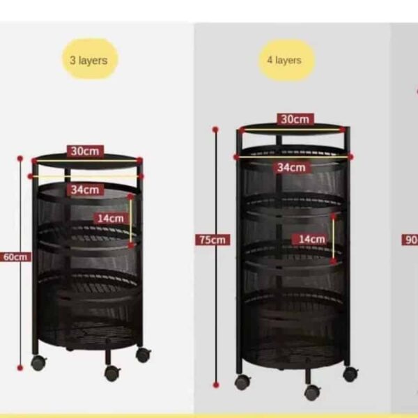 Étagère de rangement pivotantes, paniers de fruits sur roues revêtement de sol à plusieurs niveaux