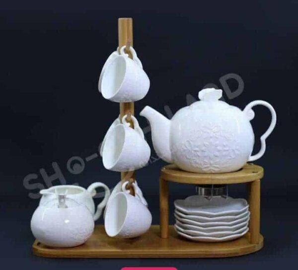 Ensemble théière, tasses de thé et café plus soucoupes en céramiques de haute qualité avec supports en bois