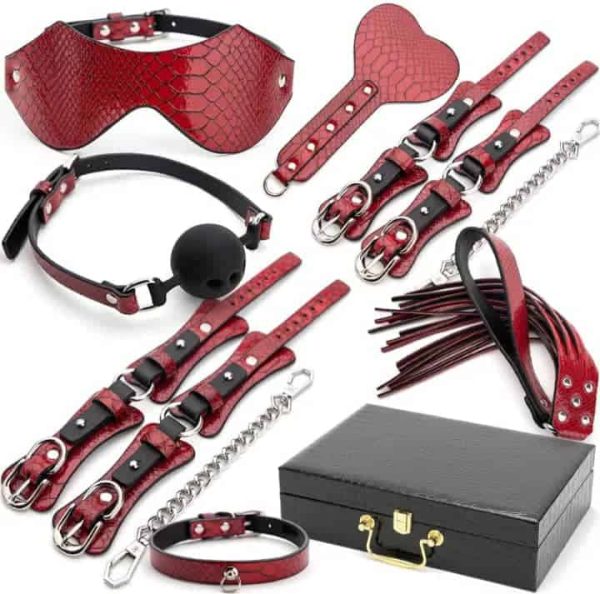 Ensemble de 7 pièces, menottes adulte femelle, Collier fétiche, Kit pour jouets sexuels - Motif Crocodile BDSM SM 7